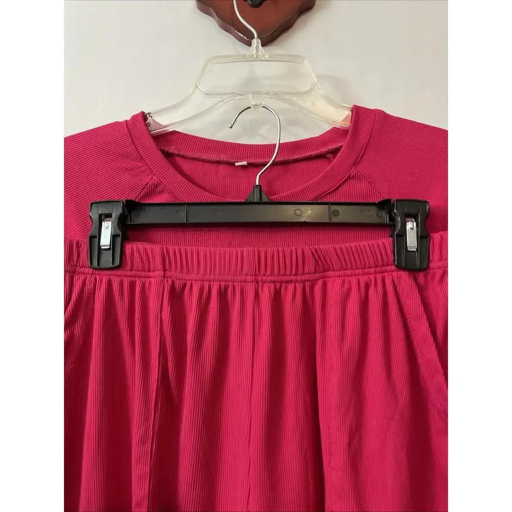Womens Large Pink Ribbed Shirt & Shorts Comfy Pull-On Stretchy Lounge Set! A893 - Picture 4 of 10